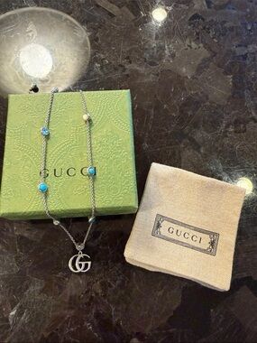 Gucci Silver Double G Necklace with Turquoise Accents